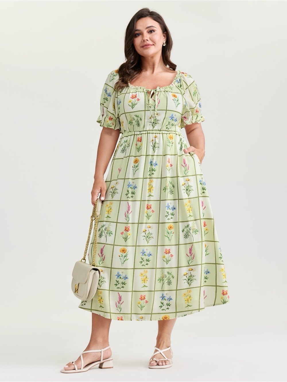 BloomChic Sage Grid Floral Midi Dress with Tie Neck size 1X (14-16)